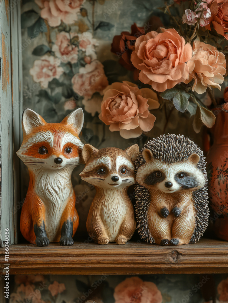 Animal figurines with a floral backdrop Animal figurines with a floral backdrop