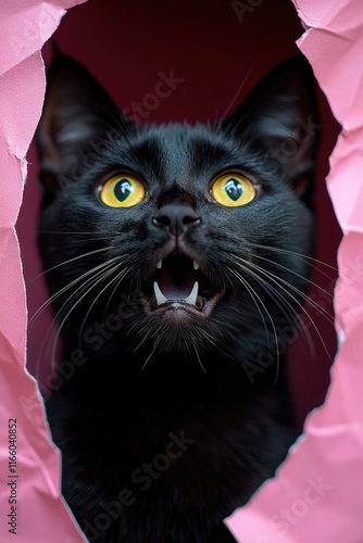 A curious black cat with bright yellow eyes is peeking out of a hole, ready to pounce or explore photo