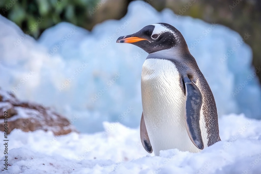 Fototapeta premium A penguin standing close to a waterfall in snowy surroundings