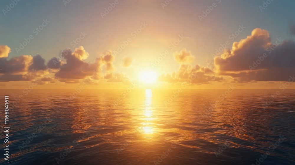 Naklejka premium Vibrant sunset over calm ocean, golden hues reflecting on water surface.