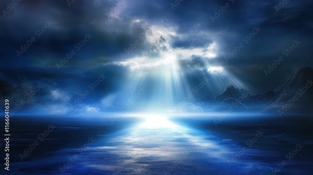 Dark underwater scene, mysterious blue light beams, ethereal atmosphere, rippling water surface, deep ocean depths, submerged landscape, eerie glow, marine exploration, bioluminescence, underwater cav Dark underwater scene, mysterious blue light beams, ethereal atmosphere, rippling water surface, deep ocean depths, submerged landscape, eerie glow, marine exploration, bioluminescence, underwater cav