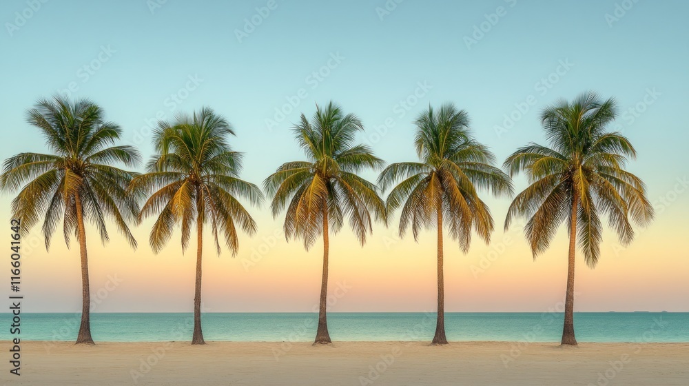 Five palm trees on a tranquil beach at sunset.
