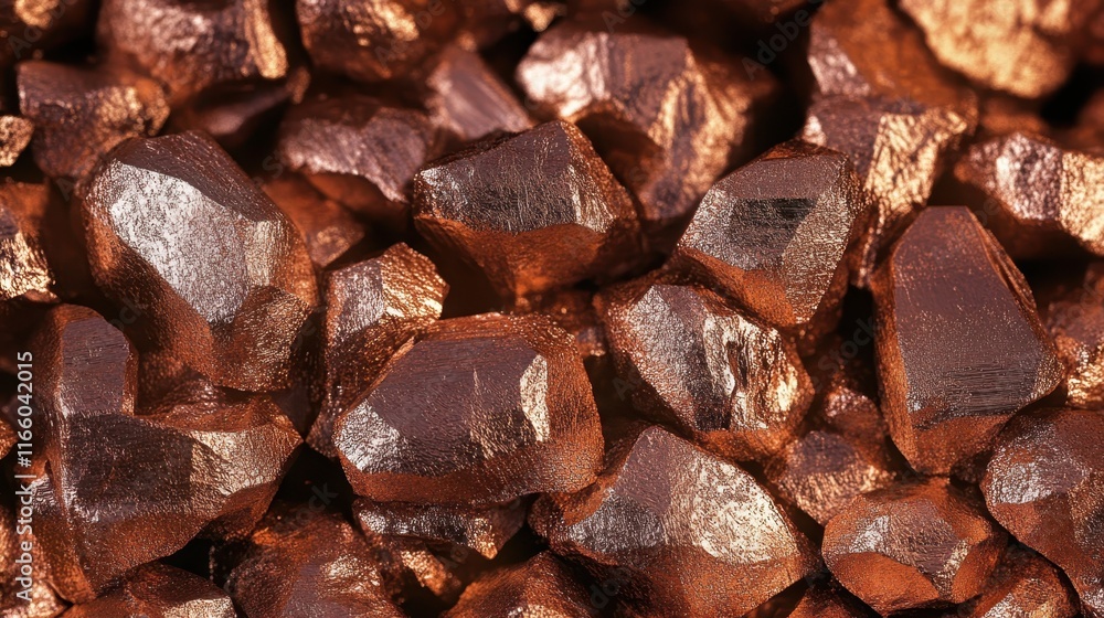 Macro photograph, polished copper nuggets, metallic sheen, rich reddish-brown color, smooth rounded shapes, heap of copper pieces, industrial raw material, warm tones, reflective surfaces, closeup tex