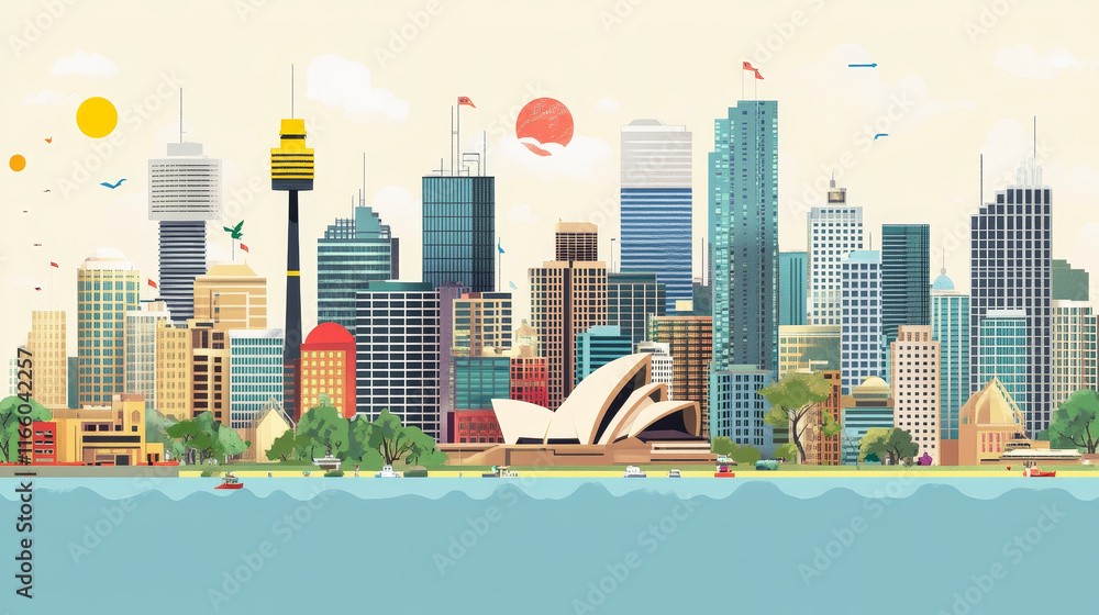 Fototapeta premium FEBRUARY 12, 2020. Vector cartoon illustration of Sydney landmarks, city skyline with Opera house banner, world famous buildings, tourist attraction architecture, megapolis skyscrapers, Australia