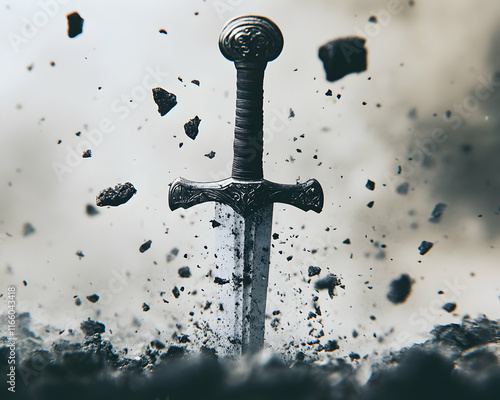 Dramatic sword plunged into dark earth, particles exploding; epic fantasy, medieval battle, power, strength, victory.