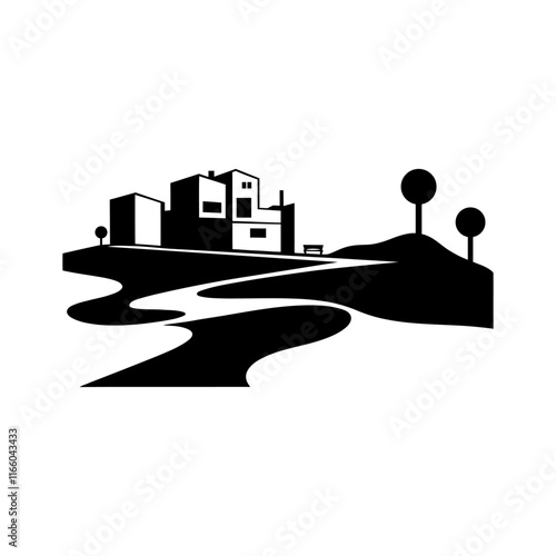 Illustration of houses in urban and beach settings with iconic buildings and architectural symbols photo