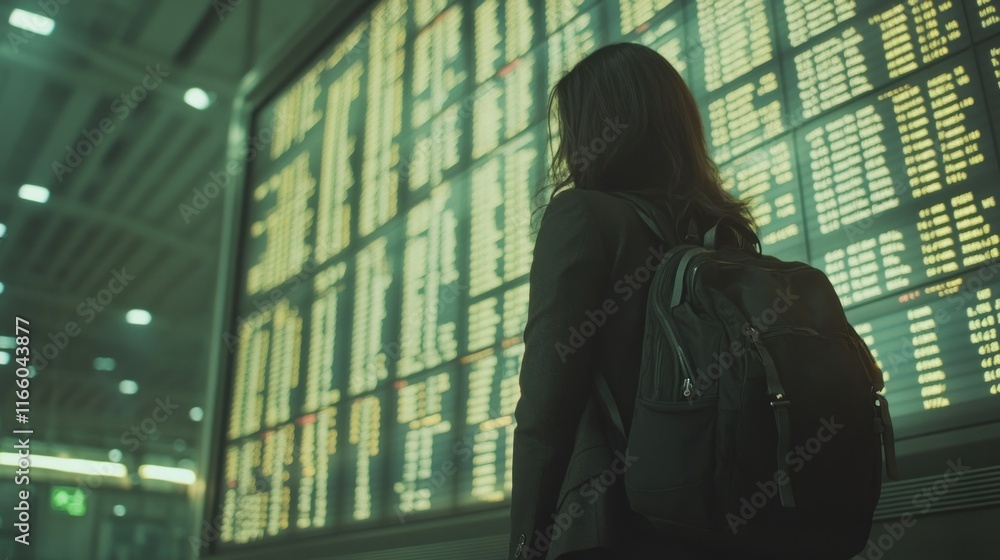 A woman stands at the airport, looking at the flight information board. A woman stands at the airport, looking at the flight information board.