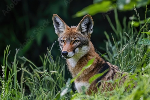 Close-up shot of a wolf's face in a natural environment, suitable for use in wildlife or nature-themed projects photo