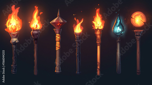 Different shape torch ready to use, burning with fire and extinguished with smoke. Cartoon vector illustration set of game ui design assets of medieval light lantern. Ancient flambeau stick.