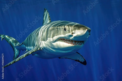 A close-up of a great white shark's open mouth underwater photo