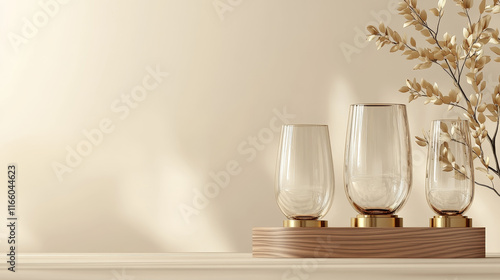 Glass trophy with laurel on wood stand with golden plate. Realistic vector set of transparent plexiglass crystal award on wooden base. Mockup of blank glossy acrylic winner prize cup on pedestal. photo