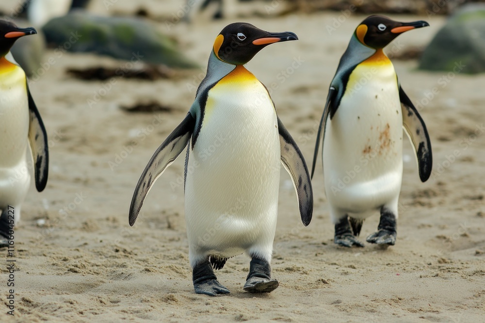 Fototapeta premium Group of penguins walking on a sandy beach