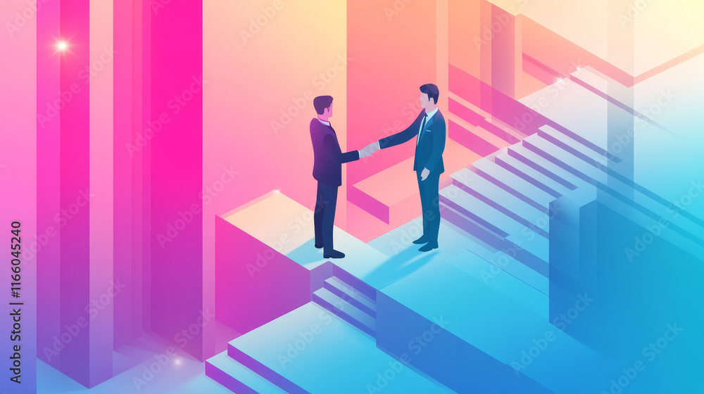 Business solution and agreement level isometric concept vector illustration. Two businessmen standing on wooden stairs and shake hands, successful deal conclusion, partnership, cooperation development Business solution and agreement level isometric concept vector illustration. Two businessmen standing on wooden stairs and shake hands, successful deal conclusion, partnership, cooperation development