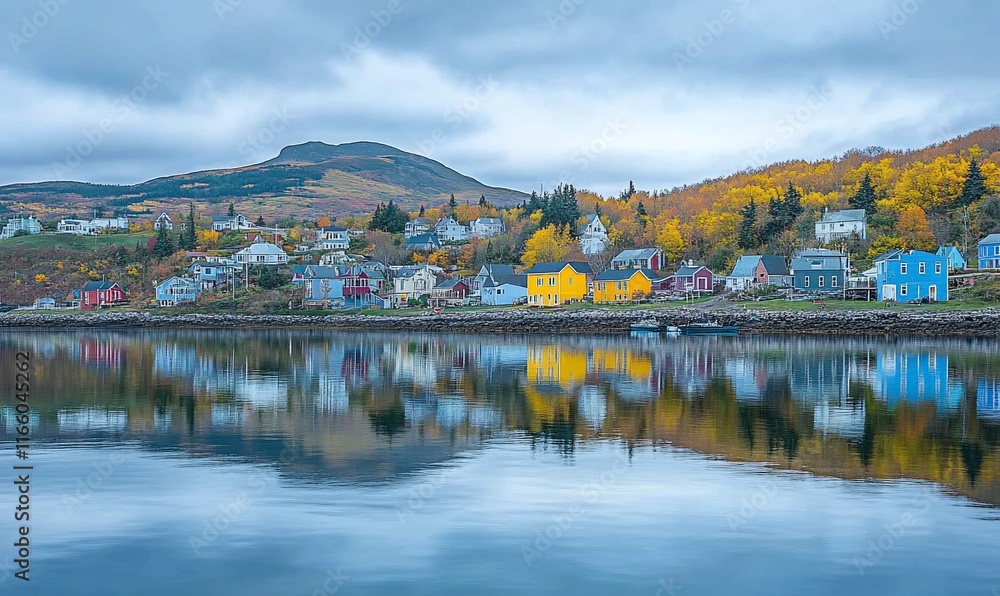 Fototapeta premium Colorful waterfront town reflected in calm water, autumn foliage, serene landscape.