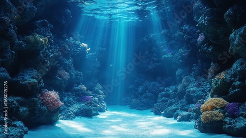 Fototapeta Naklejka Na Ścianę i Meble -  Sunbeams illuminate underwater coral reef canyon.