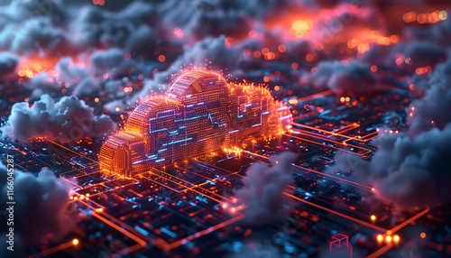 A futuristic cloud storage facility with holographic interfaces and floating data blocks representing the secure and efficient storage of data in the cloud
