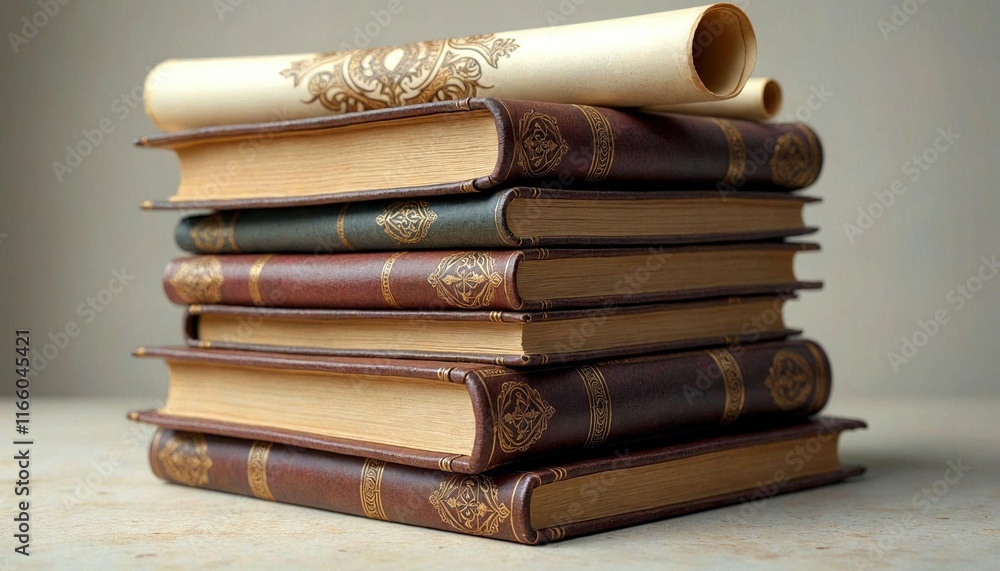 Stack of Books and Scrolls with Detailed Covers Stack of Books and Scrolls with Detailed Covers