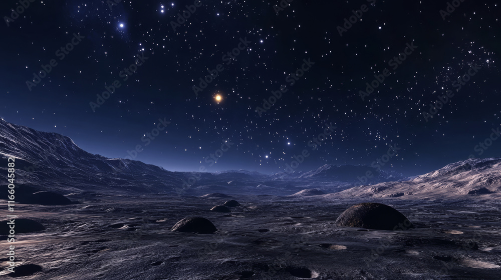 Obraz premium Alien planet surface with craters on background of dark blue cosmos sky with space bodies. Cartoon vector illustration of cosmic landscape. Fantasy universe object scenery for exploration concept.