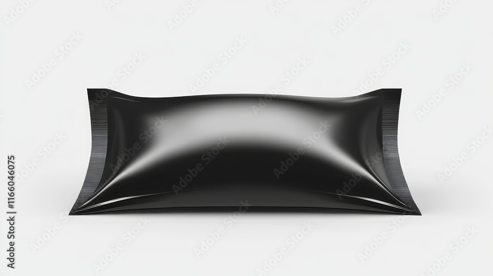 Black flow pack vector mockup or realistic food package. Blank foil or plastic pillow bag, pouch or packet for snack, candy,chocolate or cookie, biscuit or chips, retail packaging template Black flow pack vector mockup or realistic food package. Blank foil or plastic pillow bag, pouch or packet for snack, candy,chocolate or cookie, biscuit or chips, retail packaging template