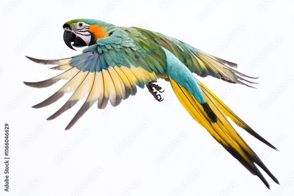 Fototapeta premium A vibrant bird soars through the sky with its wings outstretched, showcasing its bright plumage