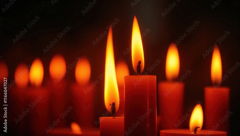 Candles flicker softly in a dark setting, creating a warm atmosphere for reflection and tranquility Candles flicker softly in a dark setting, creating a warm atmosphere for reflection and tranquility