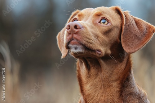 A close-up view of a curious dog gazing up, possibly at its owner or something above photo