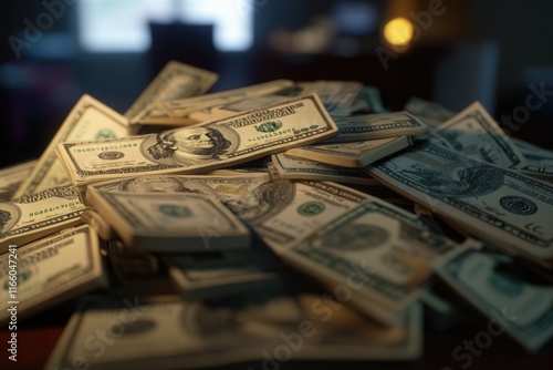 A stack of currency notes and coins sitting on a table photo