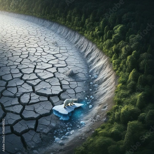 Polar bear walking on cracked ground between lush forest and icy glacier, highlighting climate change and environmental contrast photo