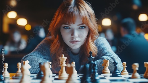 Redhead Chess Player: A captivating portrait of a focused redhead woman playing chess, her piercing blue eyes locked on the board, radiating intensity and strategic thinking. photo