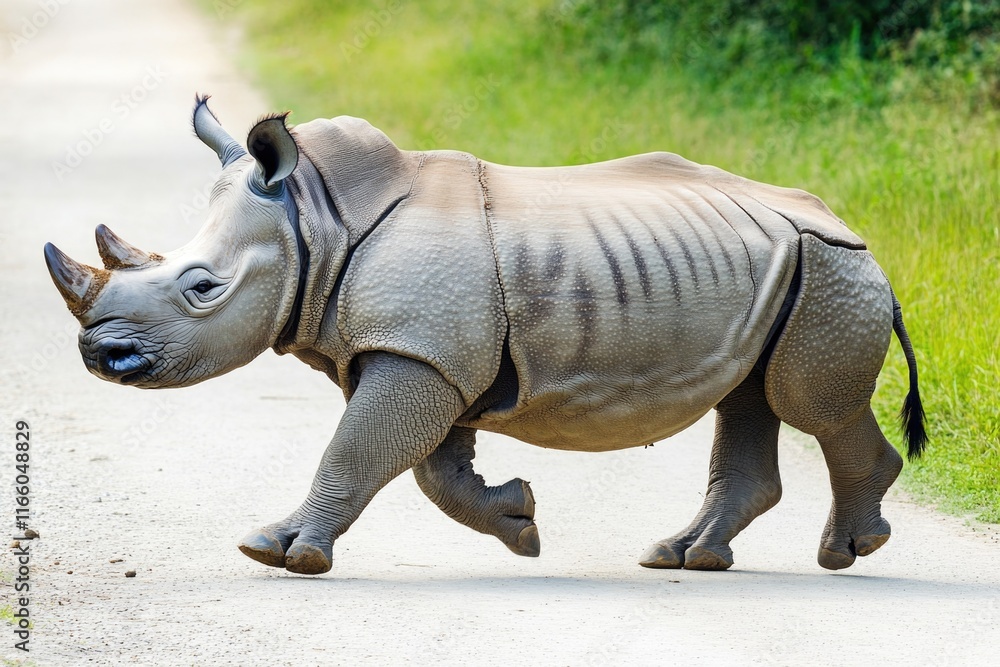 Fototapeta premium A rhino walks along a dirt road next to a lush green field