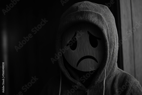 A hooded figure with a downturned face stands in shadow, symbolizing sadness and isolation. photo