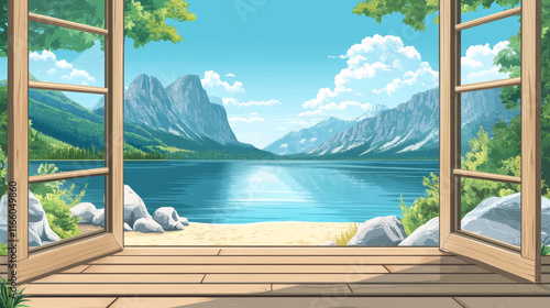 Mountain lake view from wooden terrace with glass door. Vector cartoon illustration of beautiful rocky landscape, sandy beach and calm water under blue sky seen from cottage window. Summer vacation
