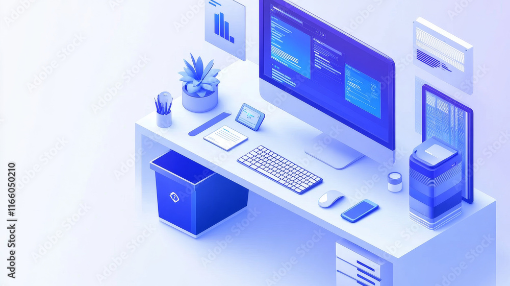 Office at home isometric landing page. Workplace with computer table, Pc monitor and litter bin, working place desk for businessman, analyst, freelancer, 3d vector illustration, web banner line art Office at home isometric landing page. Workplace with computer table, Pc monitor and litter bin, working place desk for businessman, analyst, freelancer, 3d vector illustration, web banner line art