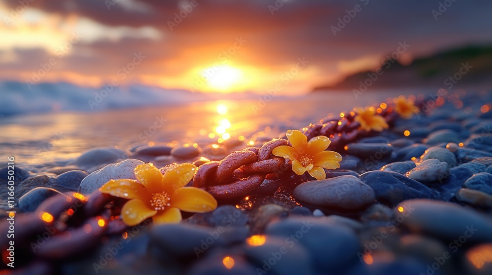 Obraz premium Sunset on a beach surrounded by rocks and colorful flowers, perfect for a peaceful atmosphere