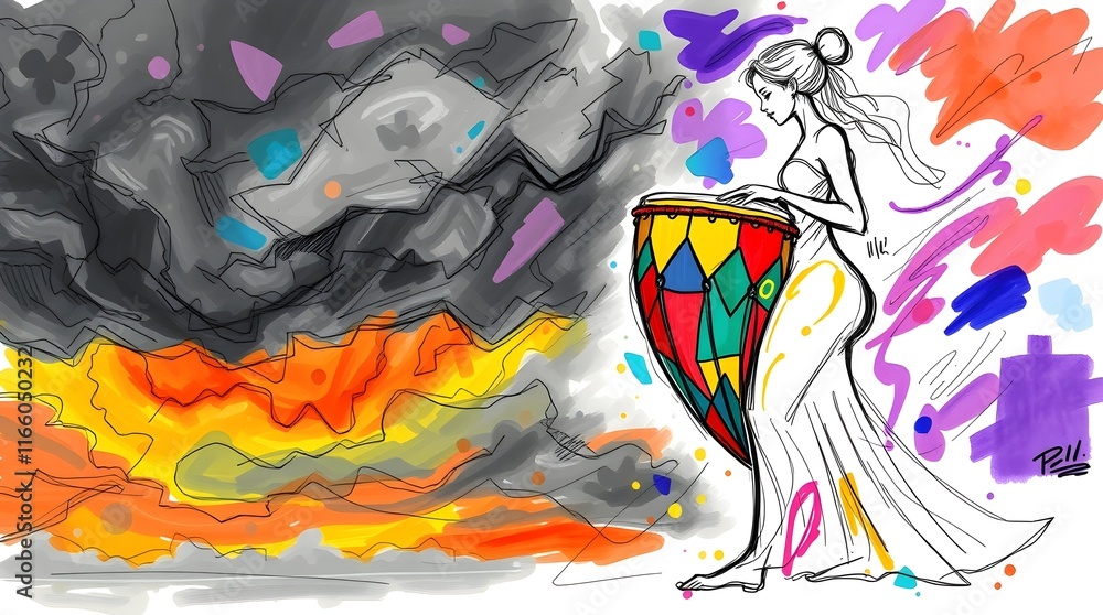 Obraz premium Hand-drawn sketch, intense dramatic lighting, warm terracotta and cool teal, vibrant digital illustration of an African drum with colorful abstract shapes, graceful figure with refined features,