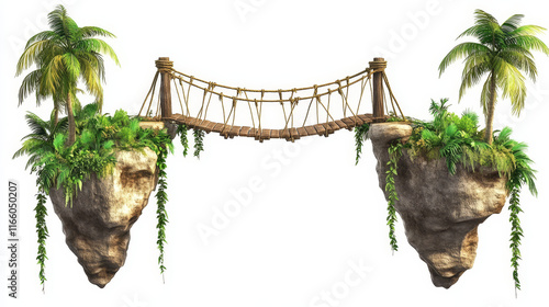Fototapeta Naklejka Na Ścianę i Meble -  Rope bridges set isolated on white background. Vector cartoon illustration of wooden suspension footbridges with green lianas and palm trees, path between rock edges, jungle game ui design elements