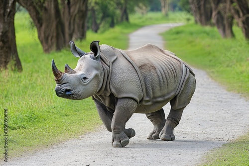 African wildlife image of a rhino walking on a dirt path near a forest