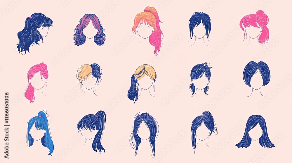 Fototapeta premium Collection of diverse female hairstyles.