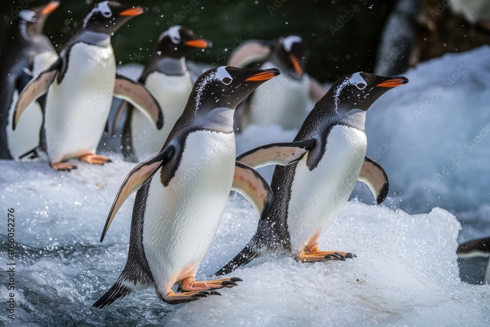 Fototapeta premium Group of penguins standing on snowy ground, great for winter or wildlife themes