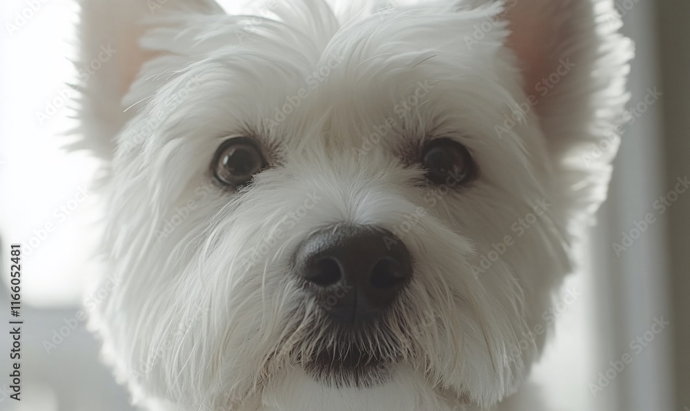 Close-up of a West Highland White Terrier, looking directly at the camera with large, expressive eyes. Soft, diffused lighting highlights the dog's fluffy white fur and dark nose. . Close-up of a West Highland White Terrier, looking directly at the camera with large, expressive eyes. Soft, diffused lighting highlights the dog's fluffy white fur and dark nose. .
