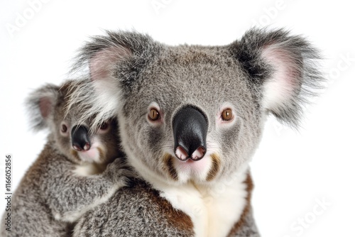 A koala carrying a baby koala, a common scene of maternal care in the animal kingdom photo