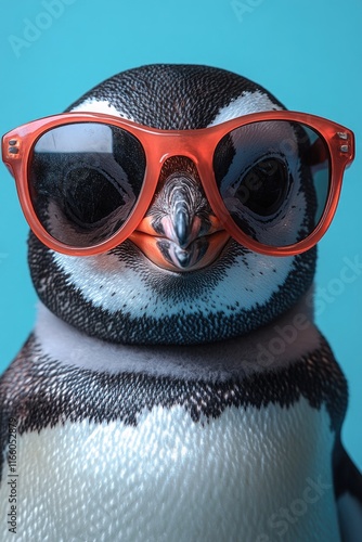 A penguin wearing trendy sunglasses on a bright blue background, great for promotional use or adding humor to a design photo