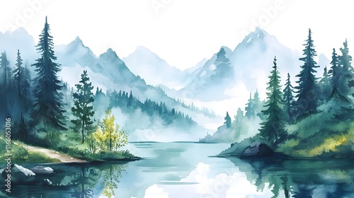 Watercolor painting on a white background, depicting an alpine lake with pine trees and mountains in the distance