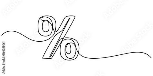 Linear background of percent sign. One continuous line drawing of a percent sign. Vector illustration. Linear percent icon isolated, Continuous one line percent sign. Stock illustration.