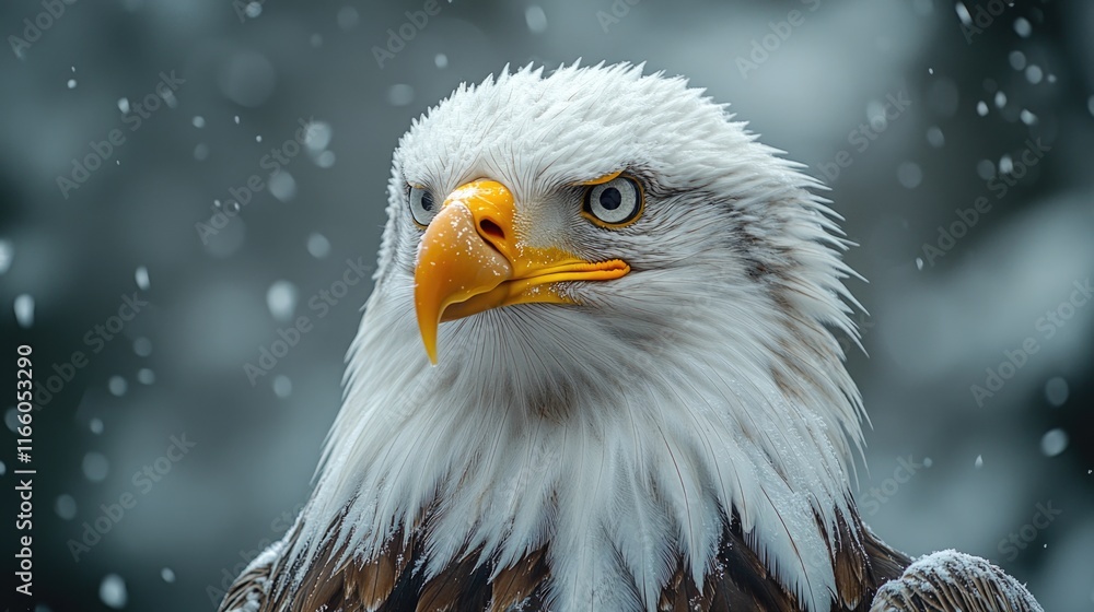 A close-up view of a bald eagle's head and feathers covered in snow A close-up view of a bald eagle's head and feathers covered in snow