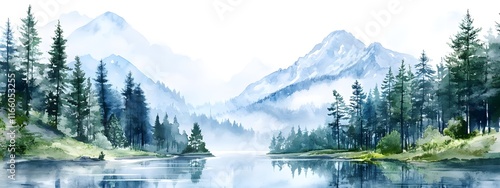 Watercolor painting on a white background, depicting an alpine lake with pine trees and mountains in the distance