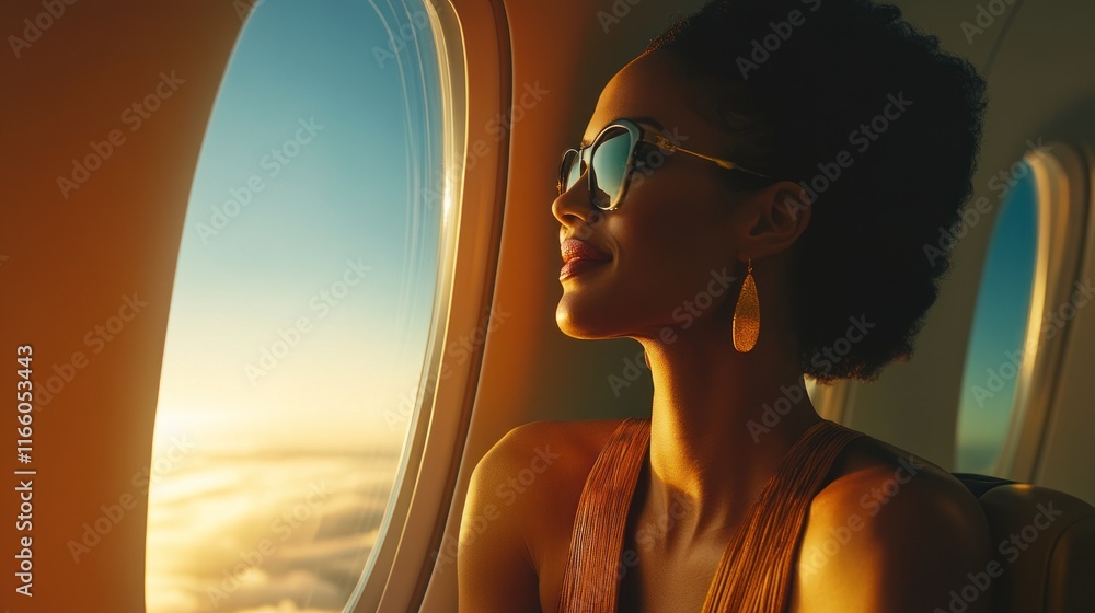 Golden Hour Flight: A Woman Gazing at the Sunset from a Private Jet