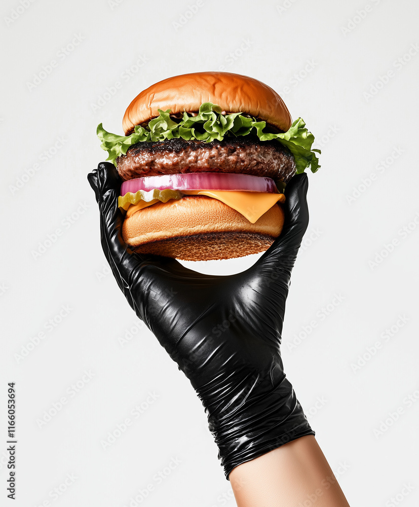 hand with black gloves grabbing a hamburger isolated on white background hand with black gloves grabbing a hamburger isolated on white background