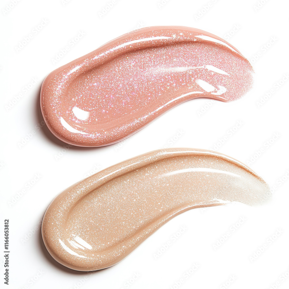 Fototapeta premium Glossy Texture of Pink and Beige Creams with Sparkle on White Background for Beauty and Cosmetic Product Showcases in Stock Photography