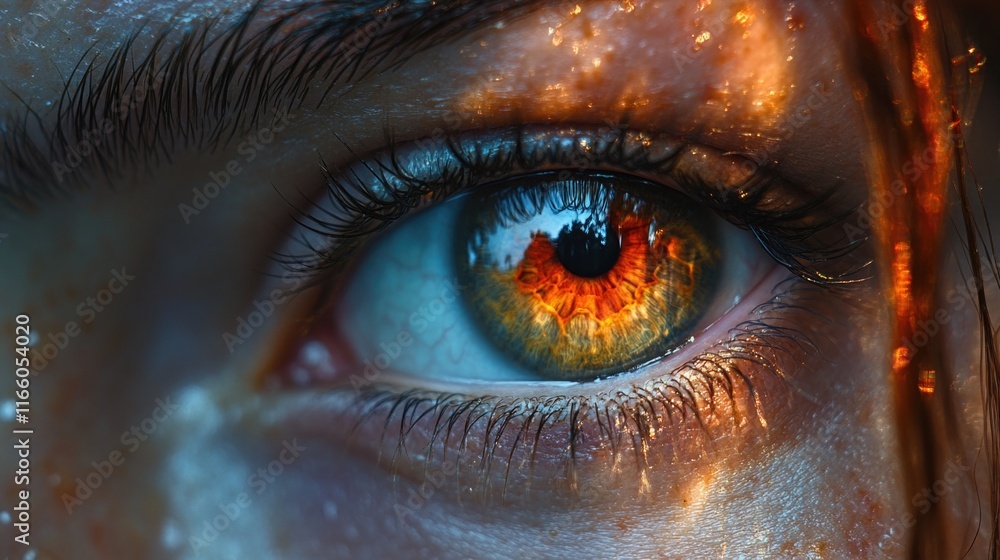 A close-up shot of an eye with flames burning bright orange-yellow in the iris, a unique and dramatic visual effect A close-up shot of an eye with flames burning bright orange-yellow in the iris, a unique and dramatic visual effect